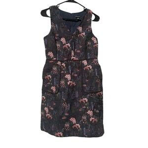 Ann Taylor Petite 4P Navy Floral Jacquard Dress Sleeveless V Neck Cocktail Party